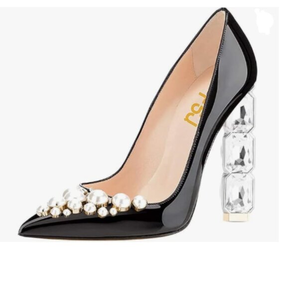 FSJ Black-pearls Jeweled High Heel Pointed Toe Pump Slip On Sparkling Heel Shoes - Picture 1 of 8
